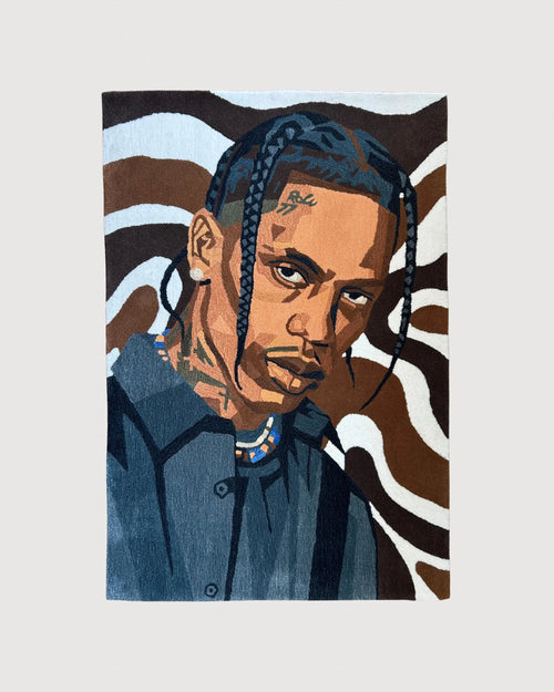 Zenno Travis Scott custom tufted rug – handcrafted portrait rug, contemporary design.